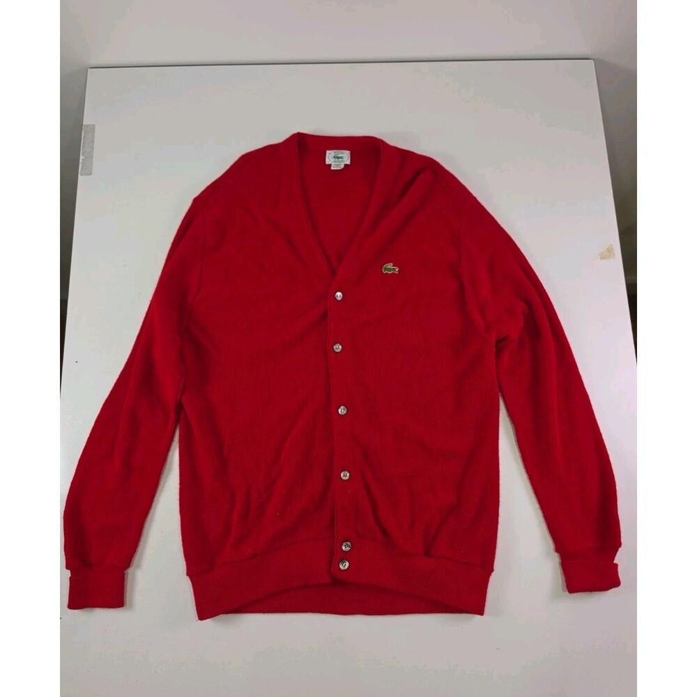 Izod Lacoste Cardigan Mens XL Red V-Neck Button Front Crocodile Logo Vintage USA